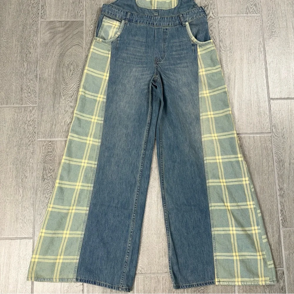 Aaron & Amber Bib Overalls Women’s Medium Blue Flare Plaid Denim Wide Leg